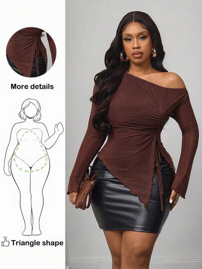 Truni Plus Size Women Solid Asymmetric Shoulder Sleeveless Casual Form-Fitting Blouse