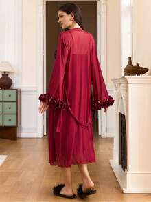 Mature, Sexy, Elegant Lace Patchwork Slip Dress, Mesh Robe, Women Sleepwear Pajama Set - Burgundy - View 2