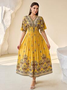 SHEIN Lacomfia 休闲定位碎花女装连衣裙，简约时尚，适合夏季 - 黃色 - 查看 5