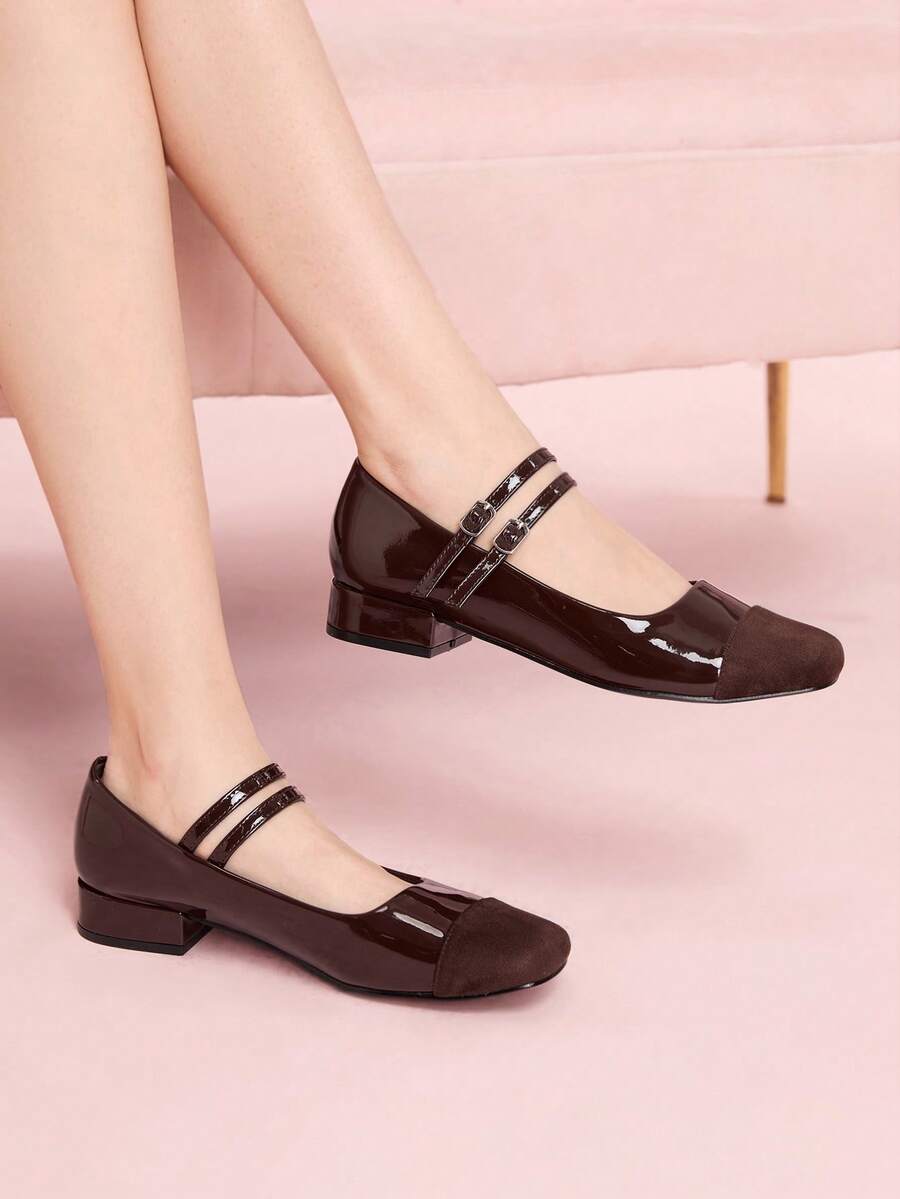 CUCCOO DOLLMOD Women's Fashion Wine Red Mary Jane Short Chunky Heel Casual Daily Wear Office Work Party Commuting Pumps BURGUNDY Heels Pumps Spring Shoes Spring Break Easter For Christmas Valentine's Day - Coffee Brown Mirror - View 1