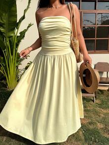 SHEIN EZwear Đầm chữ A phối lưới màu vàng cỡ lớn, kiểu dáng thường ngày, thích hợp cho kỳ nghỉ xuân/hè. - Màu vàng ngỗng - Xem 6