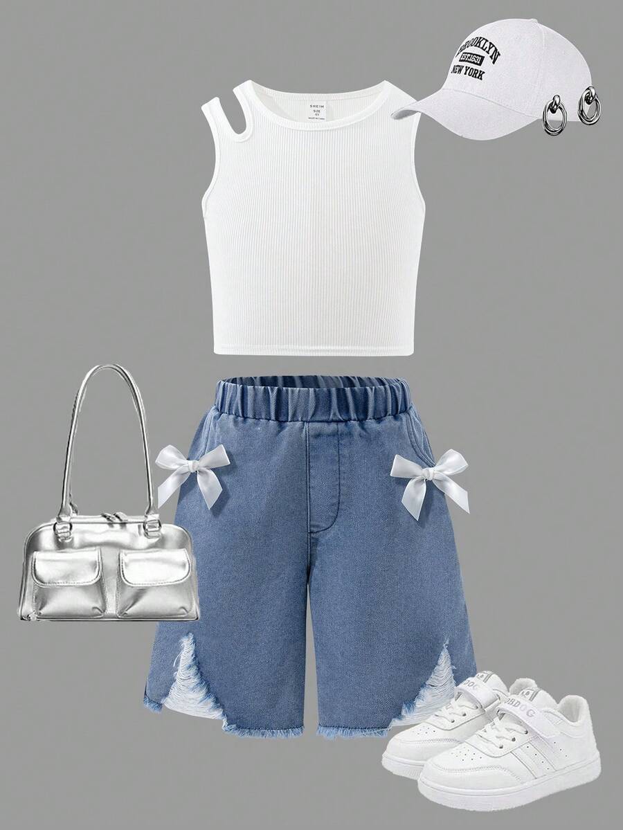 Young Girl Solid Color Round Neck Top And Bow Decor Distressed Frayed Hem Denim Shorts - Multicolor - View 1