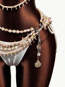 BamGleam Conjunto de bikini sexy con cuentas y conchas para vacaciones de verano de mujer - Beis - Ver 7