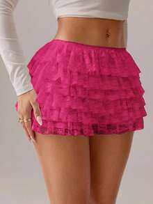 SHEIN SXY Quần short nữ xếp lớp ren, viền bèo nhún, kiểu dáng thường ngày, đa năng. - Màu Hồng Tươi - Xem 4