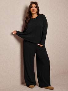 Elaquor Plus Size Women 2 Pieces Set, Solid Color Batwing Sleeve Top And Pants - Black - View 7