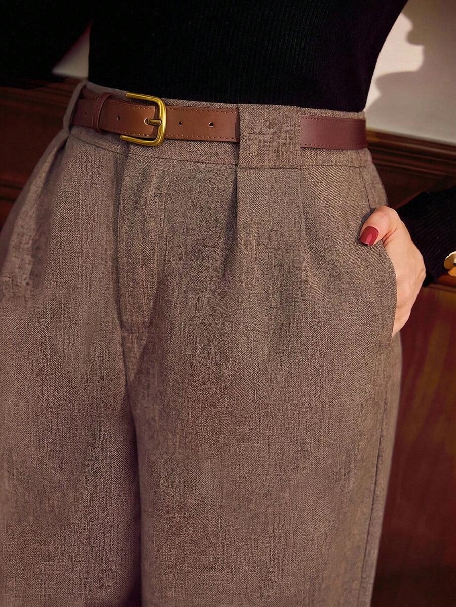 Vintamour 复古优雅女士裤装，带口袋和腰带，灯芯绒休闲裤，适合工作和度假，沙特阿拉伯国庆日棕色裤子，夏季假期，春假，女士假期，夏季假期，女士假期，春季女士裤装，女士正装裤 - 棕色 - 查看 1