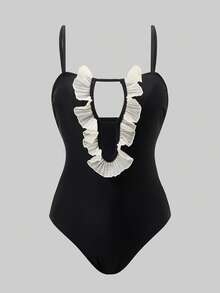 Swim Oasis Women's Vacation Patchwork Ruffle Cutout Design Fashionable Spaghetti Strap One-Piece Swimsuit With Coverup And Skirt - Black - View 4