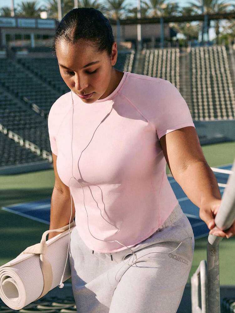 プラスサイズ ピマコットン 日常着 軽量 通気性 伸縮性 カーブヘム サイドメッシュパネル スリムフィット Tシャツ デイリーカジュアルウェア