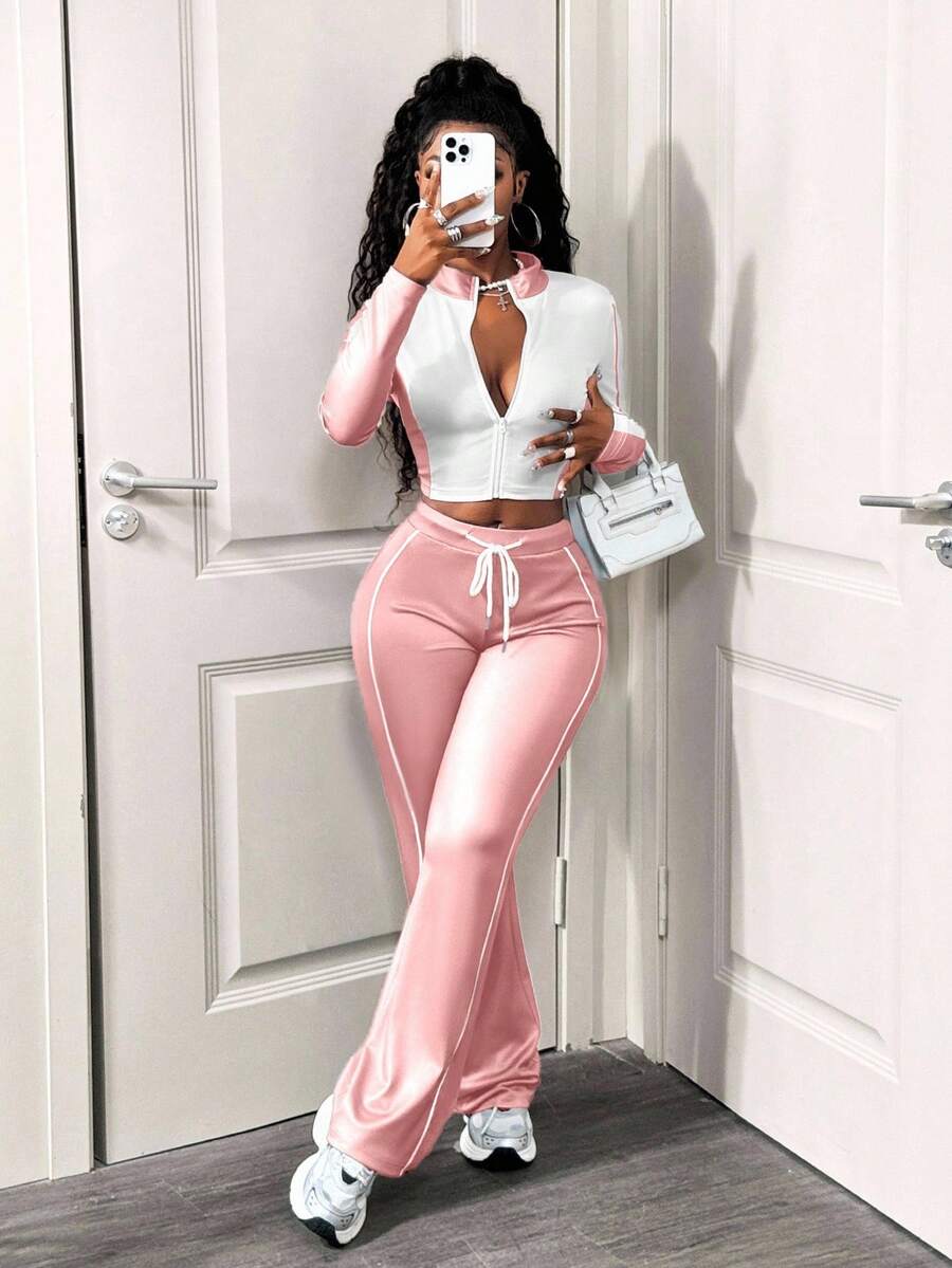 SHEIN BamGlam Ensemble décontracté 2 pièces pour femmes, design blocs de couleurs, veste zippée à manches longues et pantalon à cordon de serrage, automne - Rose bonbon - Voir 1