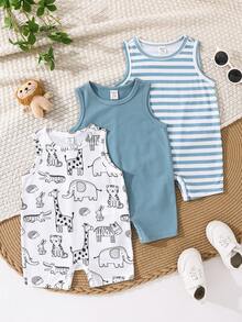 3pcs Newborn Baby Boy Cute Cartoon Striped Sleeveless Knit Romper Set, Summer - Dusty Blue - View 1