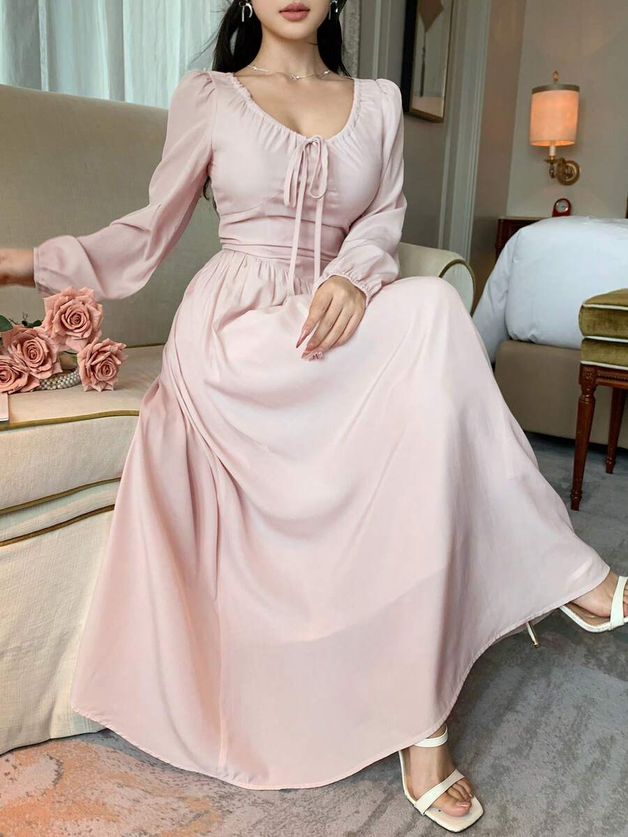 DAZY 法式方领长袖连衣裙，优雅妩媚 - 泡泡糖粉 - 查看 1