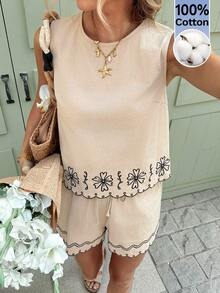 Serisse 女士夏季度假花卉刺绣圆领背心和短裤两件套 - 杏色 - 查看 7