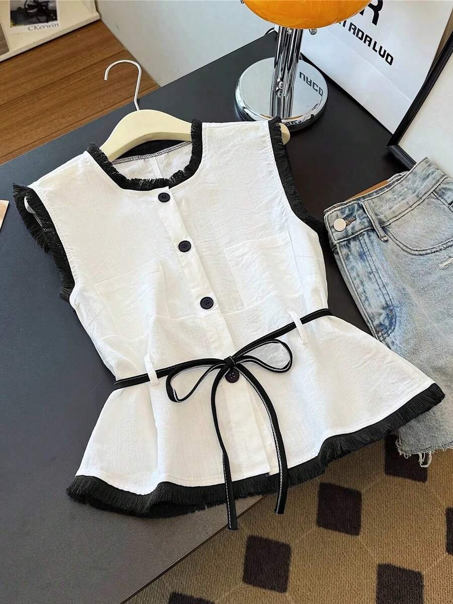 SHEIN PETITE 女士优雅休闲圆领无袖前铆钉纽扣撞色流苏下摆拼接衬衫 - 白色 - 查看 1