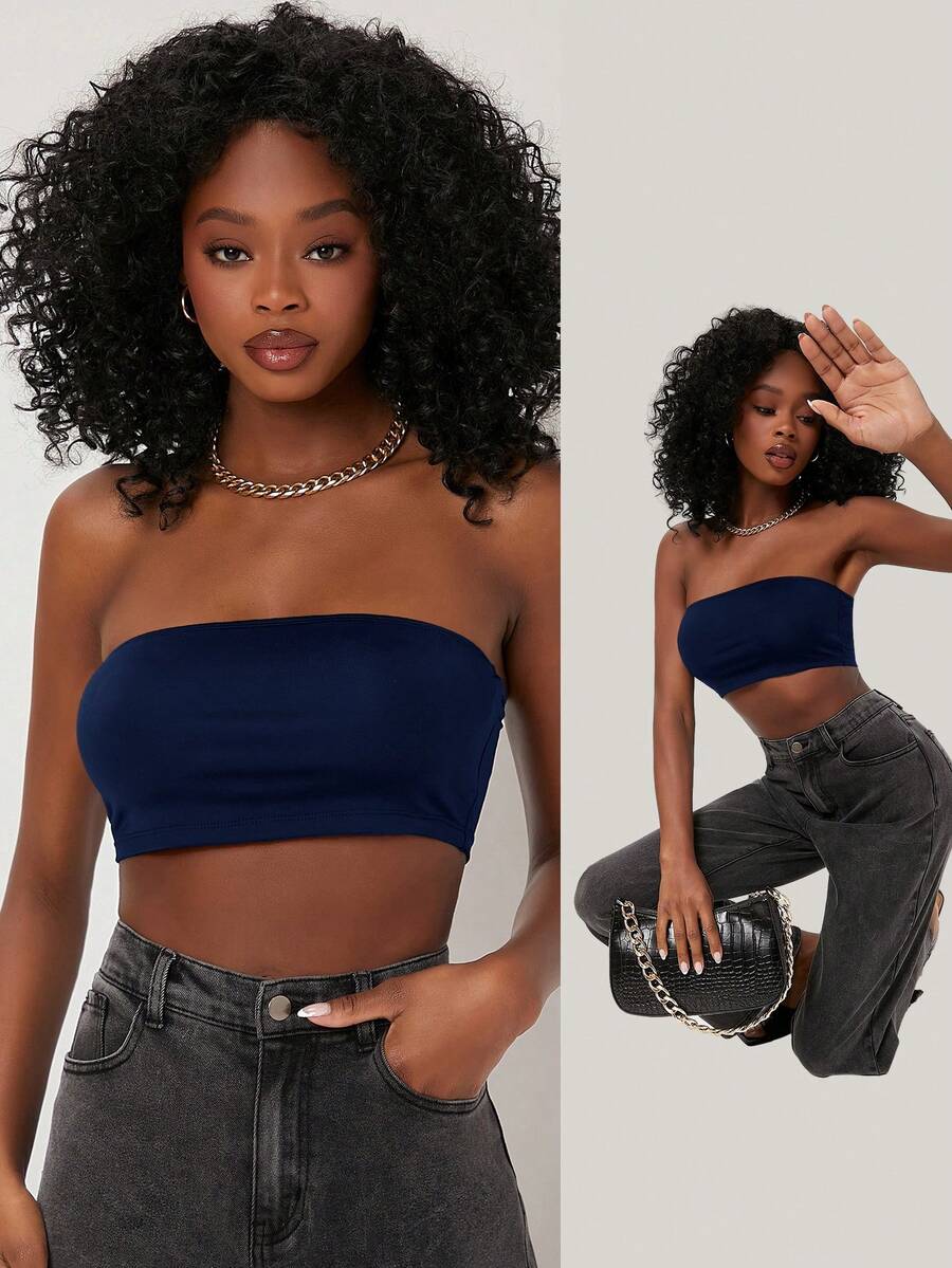 SHEIN BASICS 女士极简无袖露脐吊带背心，夏季休闲通勤装 - 寶藍色 - 查看 1