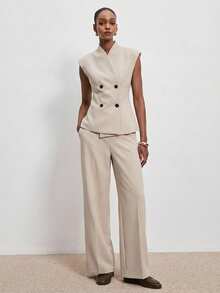 ATUI Studio Conjunto de top asimétrico sin mangas de cuello en V y pantalones anchos de pierna ancha para mujer, de moda para ir al trabajo - Caqui - Ver 2