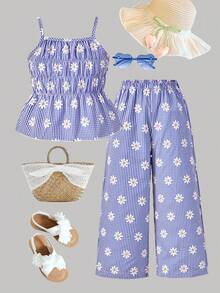 SHEIN Elladie kids Bộ đồ mùa hè giản dị, dễ thương và ngọt ngào cho bé gái, áo hai dây in họa tiết hoa cúc kẻ caro xanh và quần ống rộng, trang phục thoải mái và tươi mát cho những chuyến đi chơi mùa hè. - Màu xanh lam - Xem 2