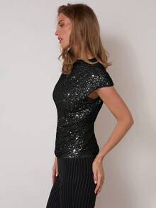 COSMINA Áo kiểu nữ màu trơn đính sequin tay ngắn ôm sát, thời trang, quyến rũ. - màu đen - Xem 6