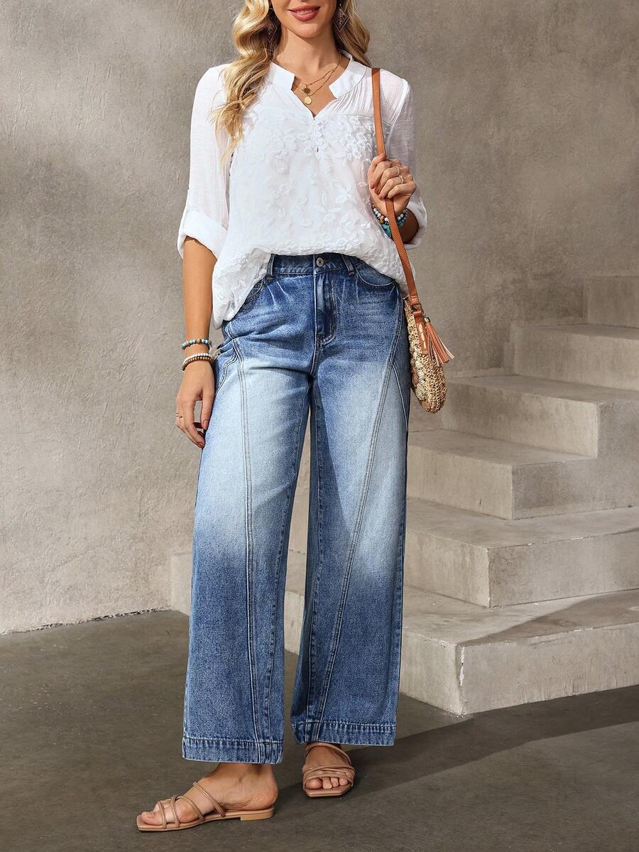 EMERY ROSE 女士休闲日常水洗斜插口袋直筒牛仔裤 - 藍色 - 查看 1