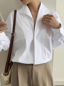 Livesso Women's White Solid Color Cotton Collared Shirt, Suitable For Commuting, Spring - White - View 6