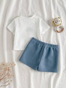 Loomiva Neugeborenes Baby Jungen/Mädchen Blume Muster Weicher Strick Rundhals Kurzarm Top und Elastischer Taille Shorts 2-teiliges Set - Blau-Weiß - Übersicht 2