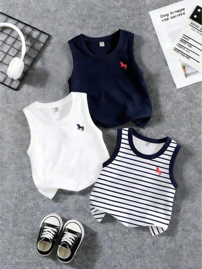 Souflis Souflis 3pcs Baby Boy Casual Minimalist Classic Knight Logo Graphic & Solid Color & Striped Tank Top Combo, Summer