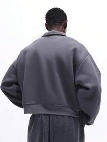 SUMWON 男士翻领半拉链套头卫衣 休闲长袖四分之一拉链街头风秋冬叠穿必备纯色 - 深灰色 - 查看 2