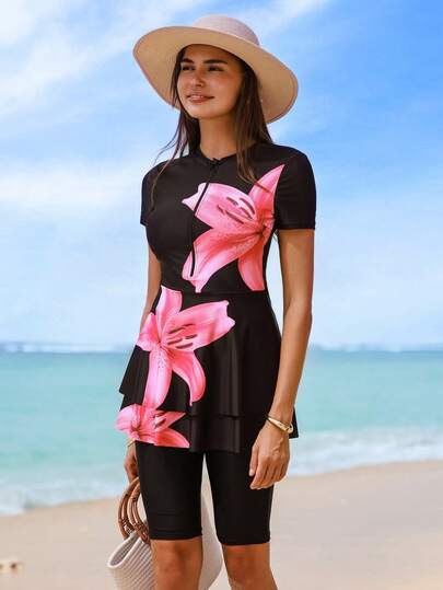 Swim Shayni Nuevo conjunto de vestido y shorts casual de vacaciones de verano para mujer, con vestido de manga corta con cuello redondo, cremallera frontal, cintura con doble volante y estampado floral, y shorts de unicolor