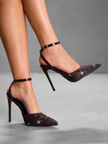 CUCCOO SZL 女士尖头细高跟棕色亮片踝带鞋 Backspace 女士鞋简约优雅时尚性感派对宴会夜店女士高跟鞋 - 格力特咖啡24 - 查看 5