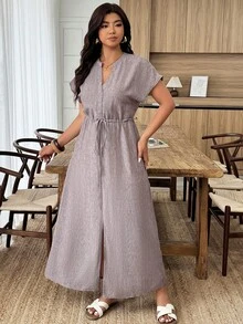 Weeklong Vestido holgado con cintura ceñida y abertura, para mujer talla grande, para vacaciones, primavera/verano - Marrón - Ver 4