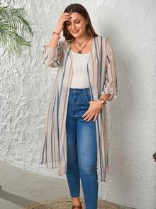 EMERY ROSE 大码女式休闲条纹开襟长款开衫 - 杏色 - 查看 3