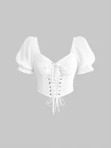 ROMWE Avant 优雅度假岛屿风系带腰身两件套泡泡袖女装 - 白色 - 查看 7