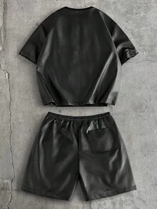 AXEPEAK Men's Casual Letter Print T-Shirt And Shorts Set, Summer - Black - View 2