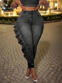 Slaydiva Jeans pitillo de talla grande para mujer con volantes en el bajo - Gris Oscuro - Ver 1