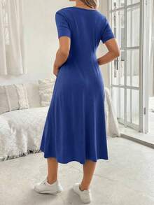 SHEIN Đầm bầu tay ngắn cổ chữ V thanh lịch dáng chữ A có cúc trang trí dành cho nữ, thích hợp cho mùa hè. - Màu xanh lam - Xem 2