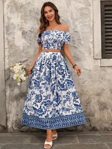 Ellevyn 女士优雅露肩印花上衣和女士蓝白印花半裙，两件套度假套装，夏季女装，节日女装，沙滩女装，乡村女装，夏季套装，印花两件套，长裙露脐上衣套装，露肩上衣和半裙套装，露脐上衣和半裙两件套，夏季套装，女士度假套装，女士休闲连衣裙，母亲节礼物，送给妈妈的礼物，A字裙，节日女装，海滩约会之夜，夏季连衣裙，度假套装，女士度假装，圣托里尼女装，波西米亚风女装，地中海度假套装 - 藍白色 - 查看 9