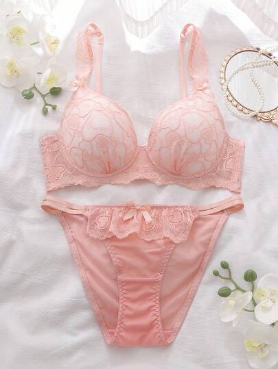 2pcs Pink Lace Patchwork Bra Set With Steel Rings, High Support, Gather & Lift, Cute & Charming Women Lingerie Set