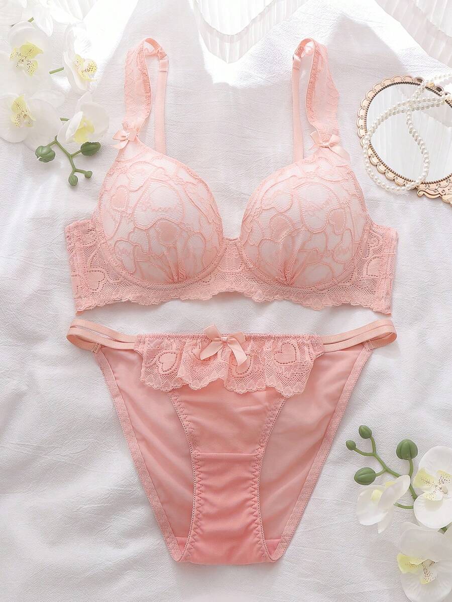 DelicateAllure 2pcs Pink Lace Patchwork Bra Set With Steel Rings, High Support, Gather & Lift, Cute & Charming Women Lingerie Set - Pink - View 1