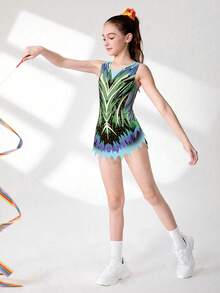 少女印花弹力无袖体操服，适合体操、花样滑冰、运动训练、学校比赛和日常穿着。色彩鲜艳的印花，舒适的运动版型。 - 紫色 - 查看 4