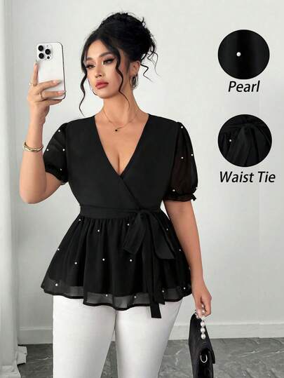 Elenzga Plus Size Women's Elegant V-Neck Fitted Short Sleeve Blouse With Puff Sleeves, Suitable For Daily Commute, Party, Club Events, Waist Tie Bow Design, Faux Pearl Decor Top