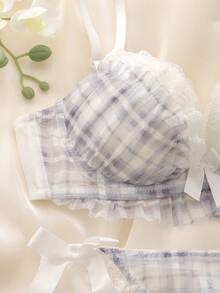 DelicateAllure 两件套格子图案钢圈衬垫文胸，蕾丝边饰，多层荷叶边，蝴蝶结装饰，可爱洛丽塔风格，清新舒适的半罩杯文胸套装，女士内衣。 - 藍色 - 查看 4