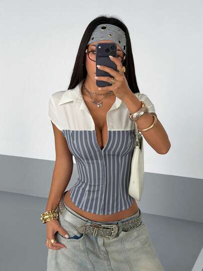 SHEIN HypeZone 女士夏季条纹拼接纽扣装饰袖口衬衫