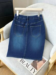 GlowEve Chân váy bút chì denim tối giản dành cho nữ - Rửa tối - Xem 2