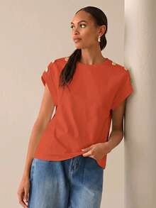 Lilora Áo thun nữ tay ngắn thiết kế cúc kim loại, màu trơn, 100% cotton, thời trang mùa hè, phong cách thành thị thanh lịch, phù hợp cho đi làm hàng ngày, dự tiệc, mùa hè và mùa xuân. Áo cotton nữ màu cam trơn. - trái cam - Xem 4