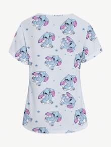 PopScrub Blue Cute Rabbit & Star Cartoon Print V-Neck Short Sleeve Pocket Decor Split Hem Plus Size Scrub Top, Spring/Summer Nurse Uniform - Multicolor - View 2