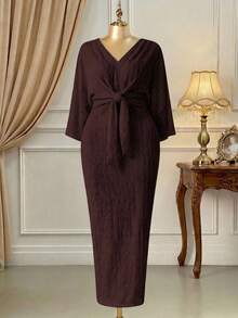 DreamSkyne Plus Size Women's Jacquard Long Split Hem 3/4 Sleeve Dress - Brown - View 3
