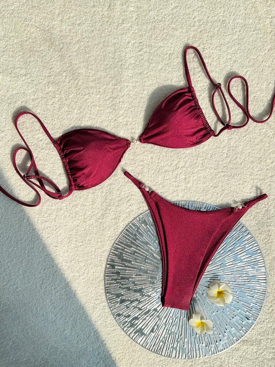 Swim Vcay 2026春夏可调节细肩带酒红色侧系带比基尼两件式泳衣 - 酒紅色 - 查看 1
