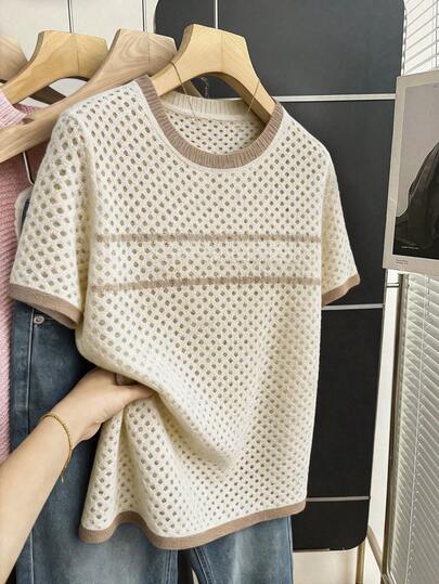 SHEIN Franclia 新款撞色滚边圆领短袖露脐针织上衣，纹理面料显瘦设计，精致韩版风格