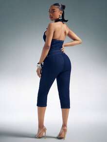 Denimoi Stretch Denim Plunge Neck Cut Out Halter Denim Romper Capri Romper Capri Jeans Sexy Outfits - Dark Wash - View 4