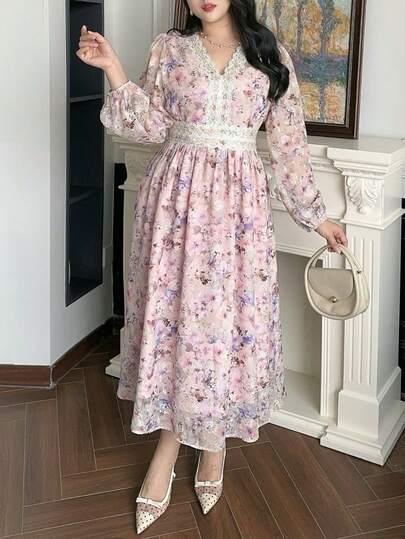 Dazy Plus Plus Size Women Floral Print Patchwork Lace Waist Elegant Lantern Sleeve Party Dress, Spring/Summer