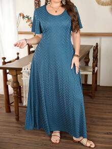Lacomfia Plus Size Women Ruffle Hem A-Line Dress, Minimalist Elegant Short Sleeve - Teal Blue - View 4